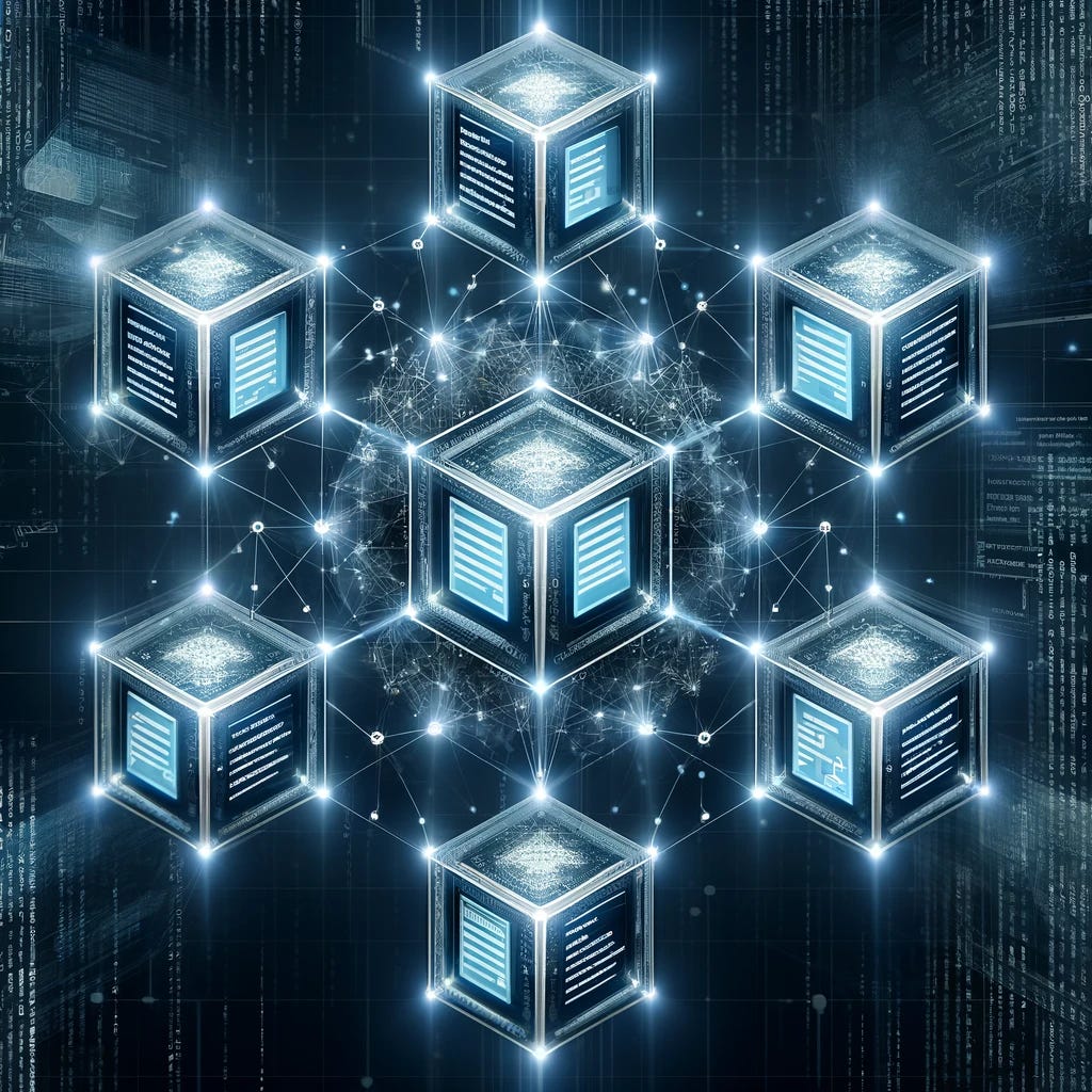 A conceptual digital illustration of smart contracts in the blockchain environment. The image depicts a futuristic network of interconnected nodes, each node representing a block in a blockchain. Within each node, you can see snippets of computer code, symbolizing smart contracts. These contracts are shown as digital documents with lines of code, and connections between the nodes indicate data exchanges and action registrations. The overall atmosphere is high-tech, with a background of digital matrix-style code cascading down, emphasizing the advanced technology of blockchain.