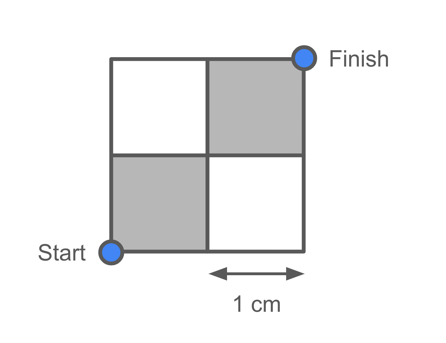 2-by-2 chess grid with black square in lower left. Squares have side length 1 cm. Bottom left corner is "Start," top right corner is "Finish."