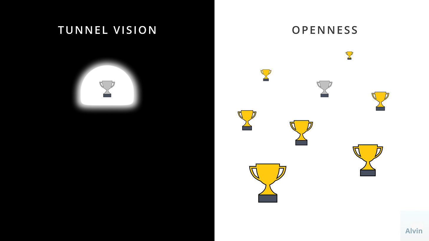 Tunnel vision is like seeing the one reward at the end of a tunnel. Openness is like seeing rewards all around you.