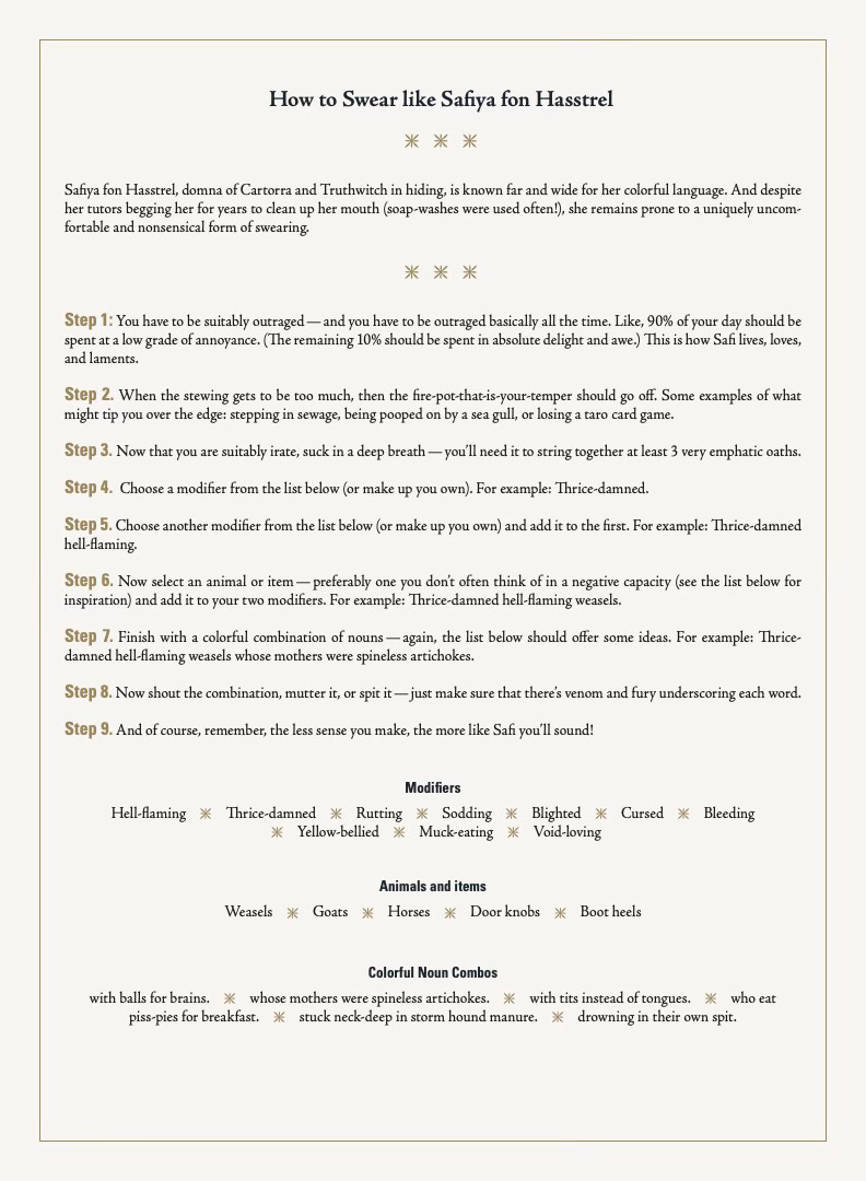A guide to swearing like Safi from the Witchlands. For the full text, click on the above PDF link.