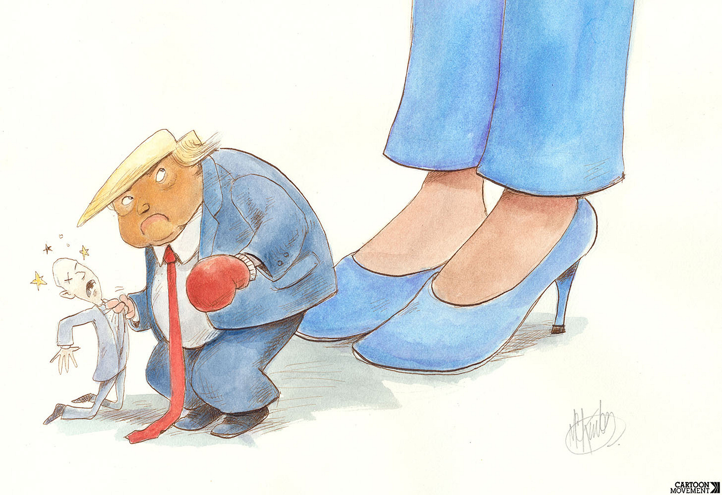 Cartoon showing Trump wearing boxing gloves and holding a bloody, knocked out Biden. He is glancing over his shoulder and sees a giant pair of feet wearing high heels.