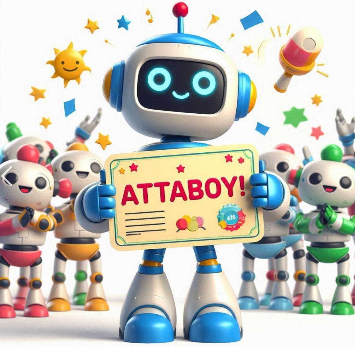 Robot with an Attaboy certificate; AI-generated by DALL-E 3