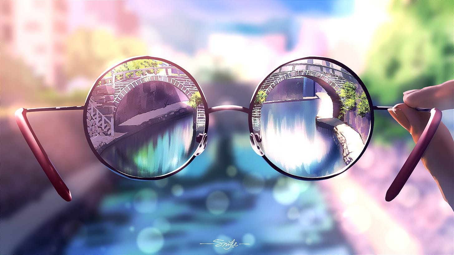 Anime 1920x1080 glasses depth of field fingers bridge river sun rays Smile (artist)