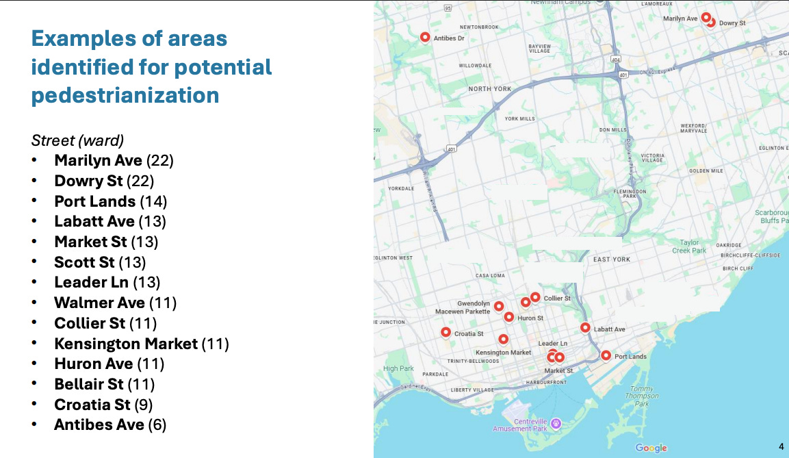 A map titled "Examples of areas identified for potential pedestrianization" in Toronto