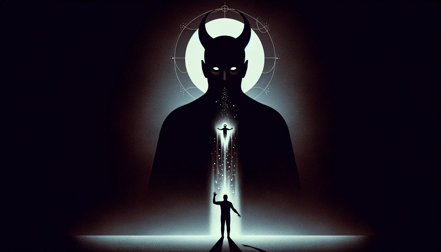 A minimal, dark, and elegant representation of Moloch, the demon god, with a more apparent depiction of sacrifice. The image shows Moloch as a shadowy, imposing figure with subtly glowing eyes. In front of him, a human silhouette is depicted, reaching out towards Moloch, symbolizing the act of offering a part of the soul. The human figure is semi-transparent, representing the loss of substance due to the sacrifice. Small, ethereal flames rise from the figure, directly towards Moloch, visually depicting the soul fragments being given up. The background features a gradient of deep, dark colors, creating an ominous and mysterious atmosphere. The composition is designed to be stark and impactful, highlighting the theme of sacrifice.