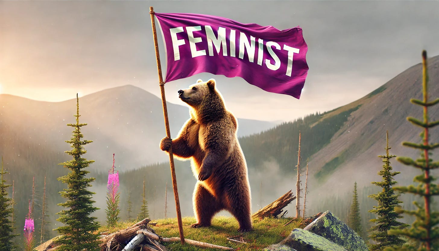 A grizzly bear standing proudly on its hind legs, holding a flag that reads 'Feminist' in bold letters. The flag is fluttering in the wind, and the bear has a determined and empowering expression. The setting is a natural outdoor environment, perhaps a forest or a mountain range, with the bear as the central figure. The flag is designed with vibrant colors, symbolizing strength and equality. The image is framed in a 5:3 aspect ratio, capturing the powerful and inspiring stance of the bear as it supports the feminist cause.