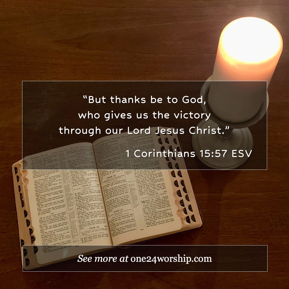 Image of opened Holy Bible and lit candle on a table with 1 Corinthians 15:57 superimposed.