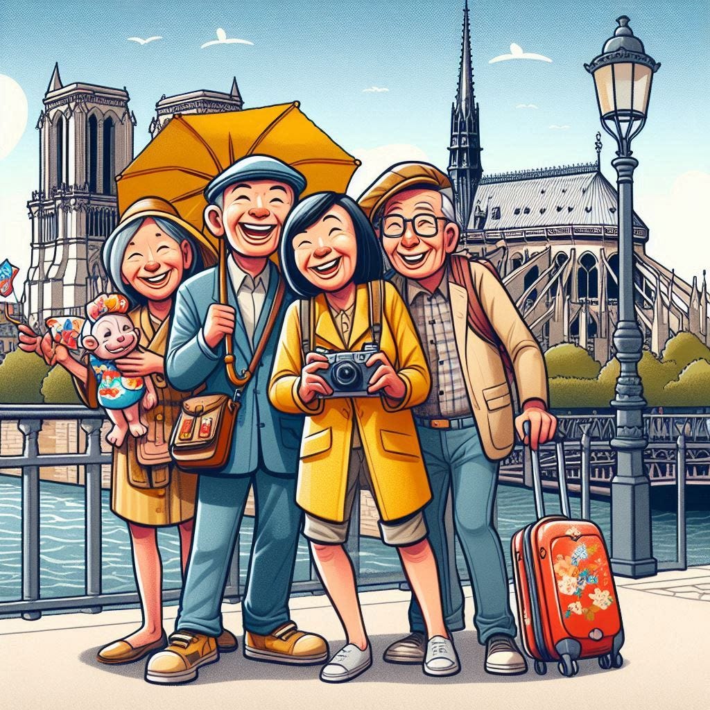 chinesische Touristen in Europa, comicartig und stereotyp