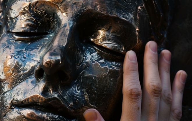 Mains touchant le visage d'une statue en bronze