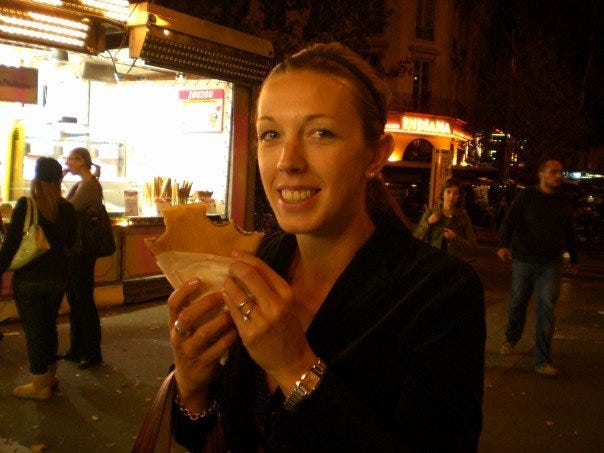 Jacqueline Fisch in Paris eating a crepe