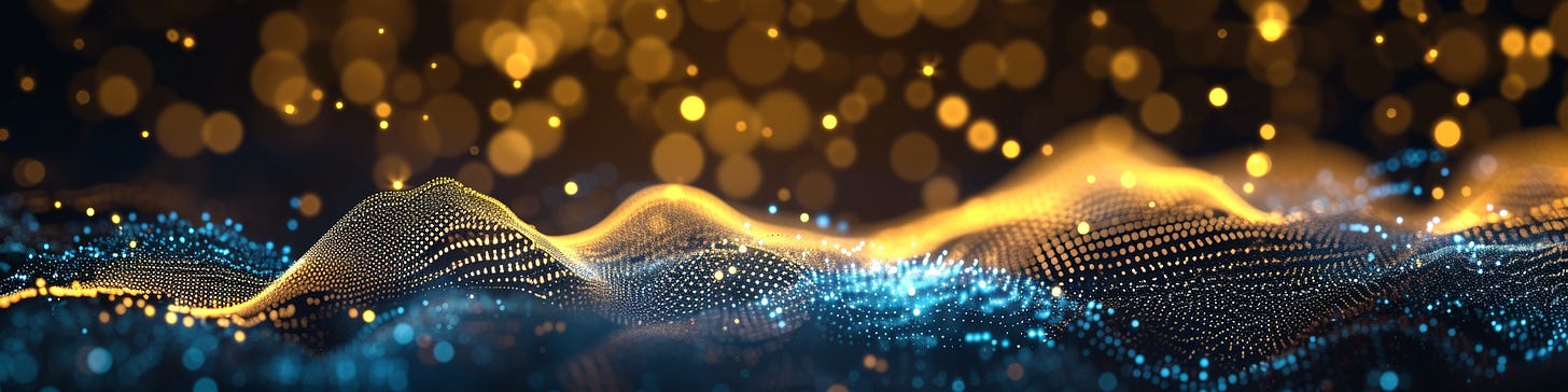 AI voice dubbing, soundwaves, voice, sound, glitches, dark gold and dark blue, bokeh