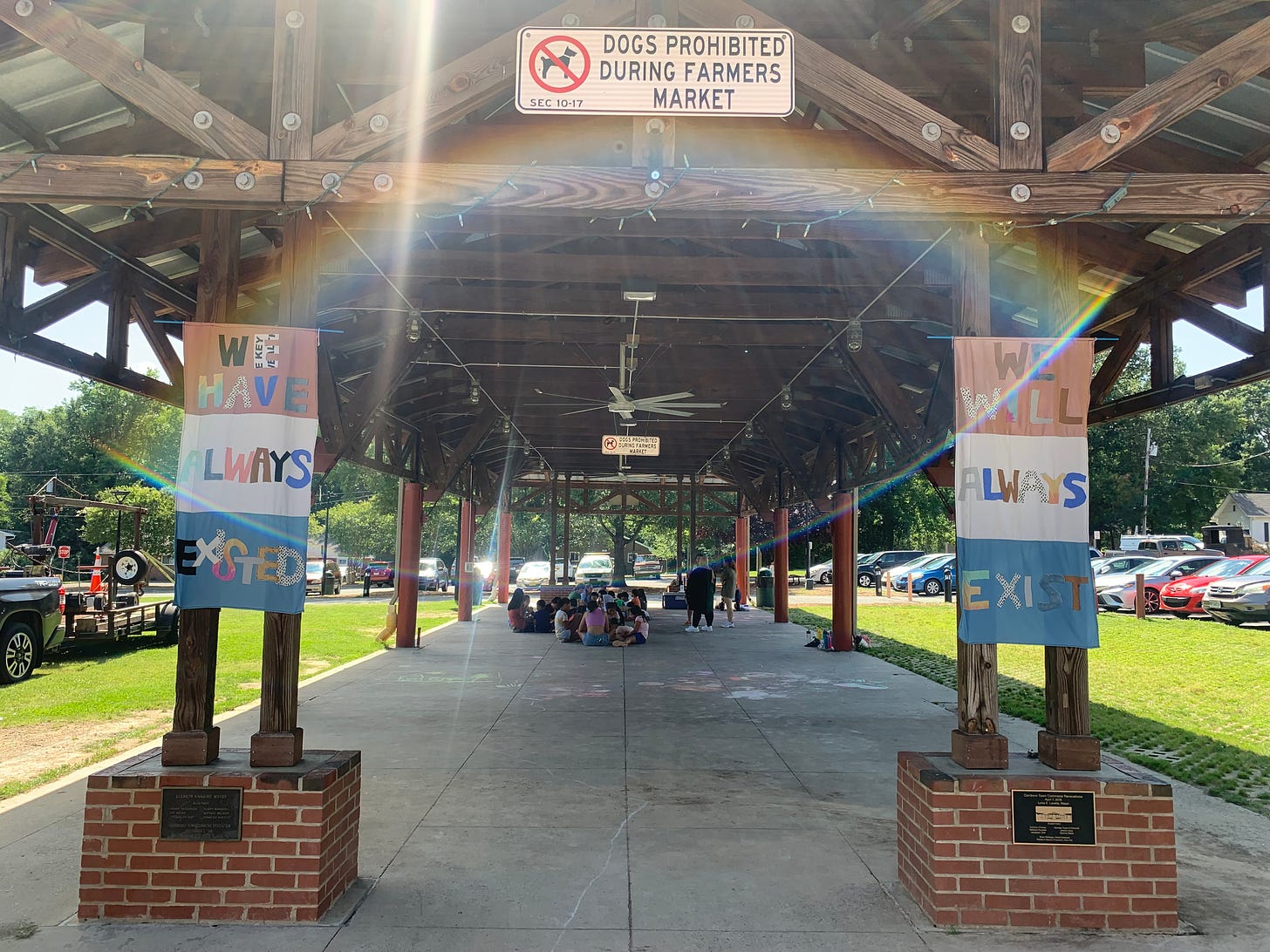 2 banners of pink, white, and blue cloth that read "We have always existed" and "We will always exist". They are hanging on a wooden awning of the Carrboro Town Commons. A rainbow light flare is present in the photo.