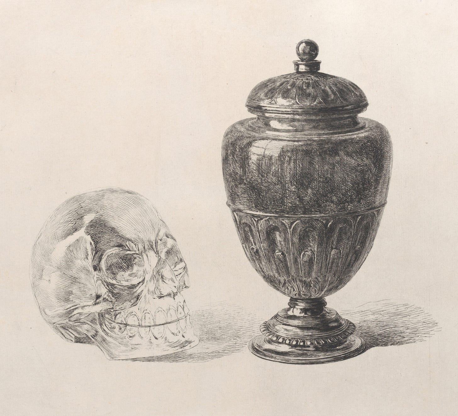 Black and white illustration of a jade vase and a crystal skull