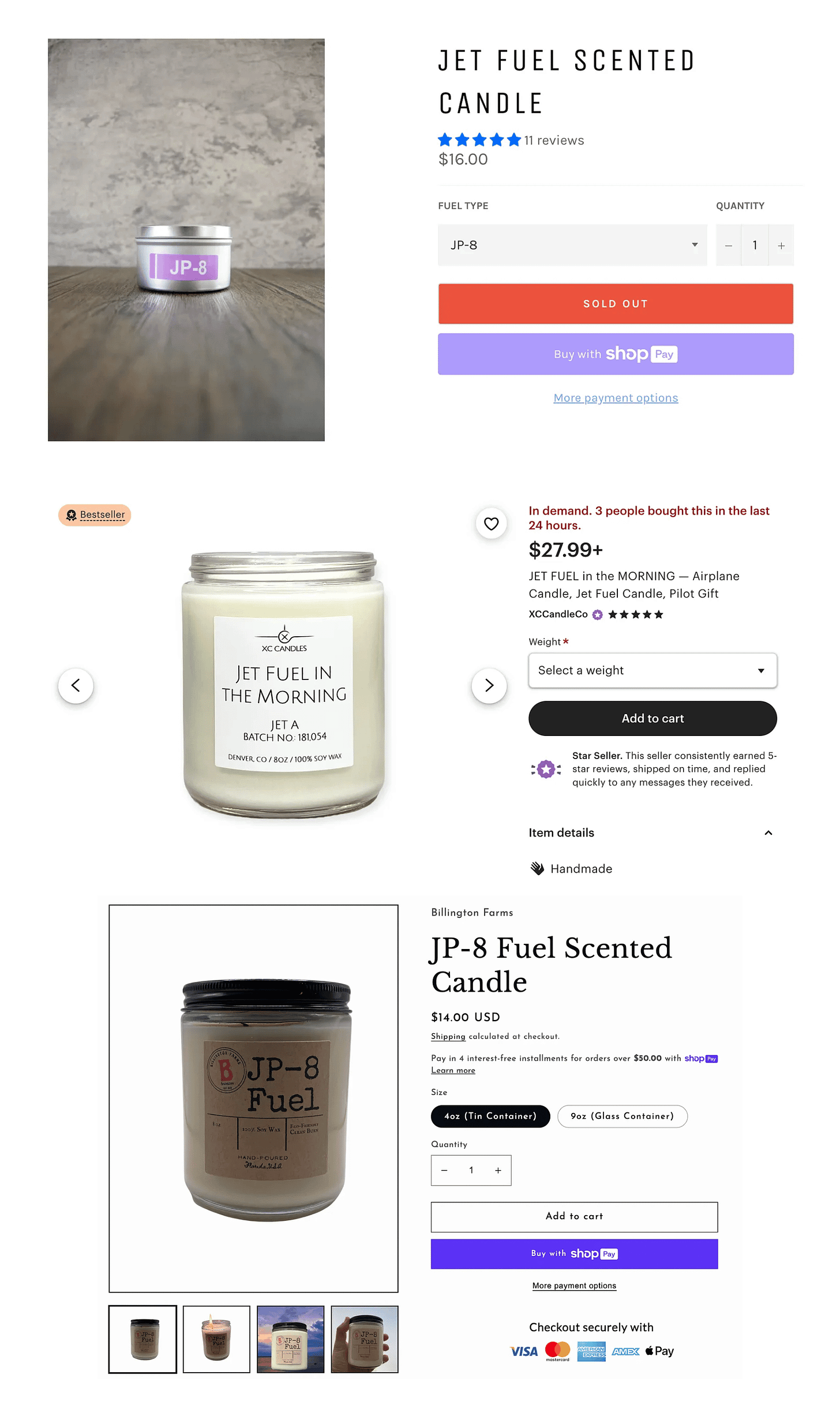 A collage of three different jet fuel scented candles, all from webpages with dropdown menus and buy buttons in various colors (red, purple, black)