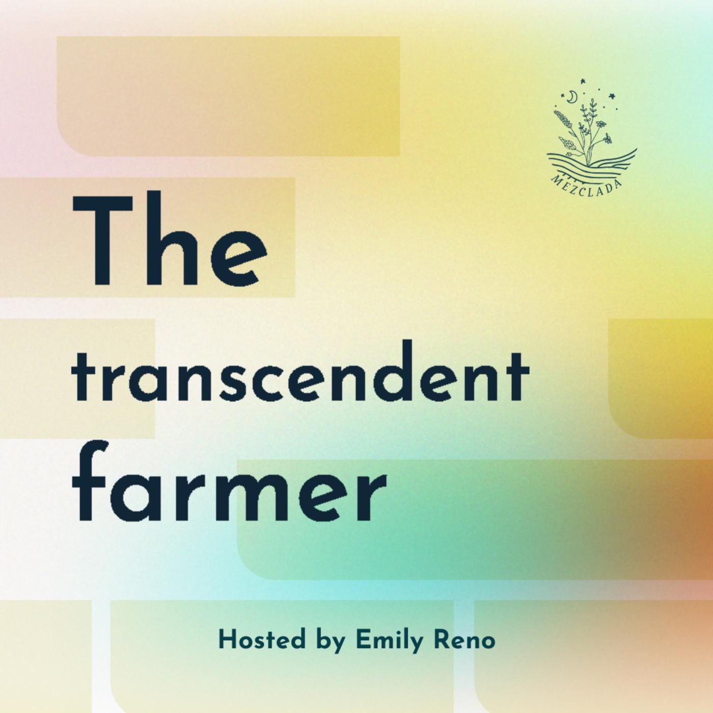 Bold dark text reads The Transcendent Farmer against faint rounded blocks that resemble bricks