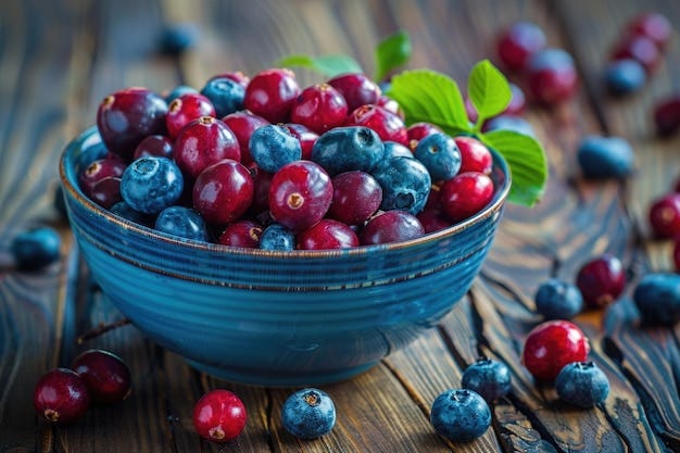 Harvest Berries Cranberries and Blueberries in Blue Bowl on Rustic ...