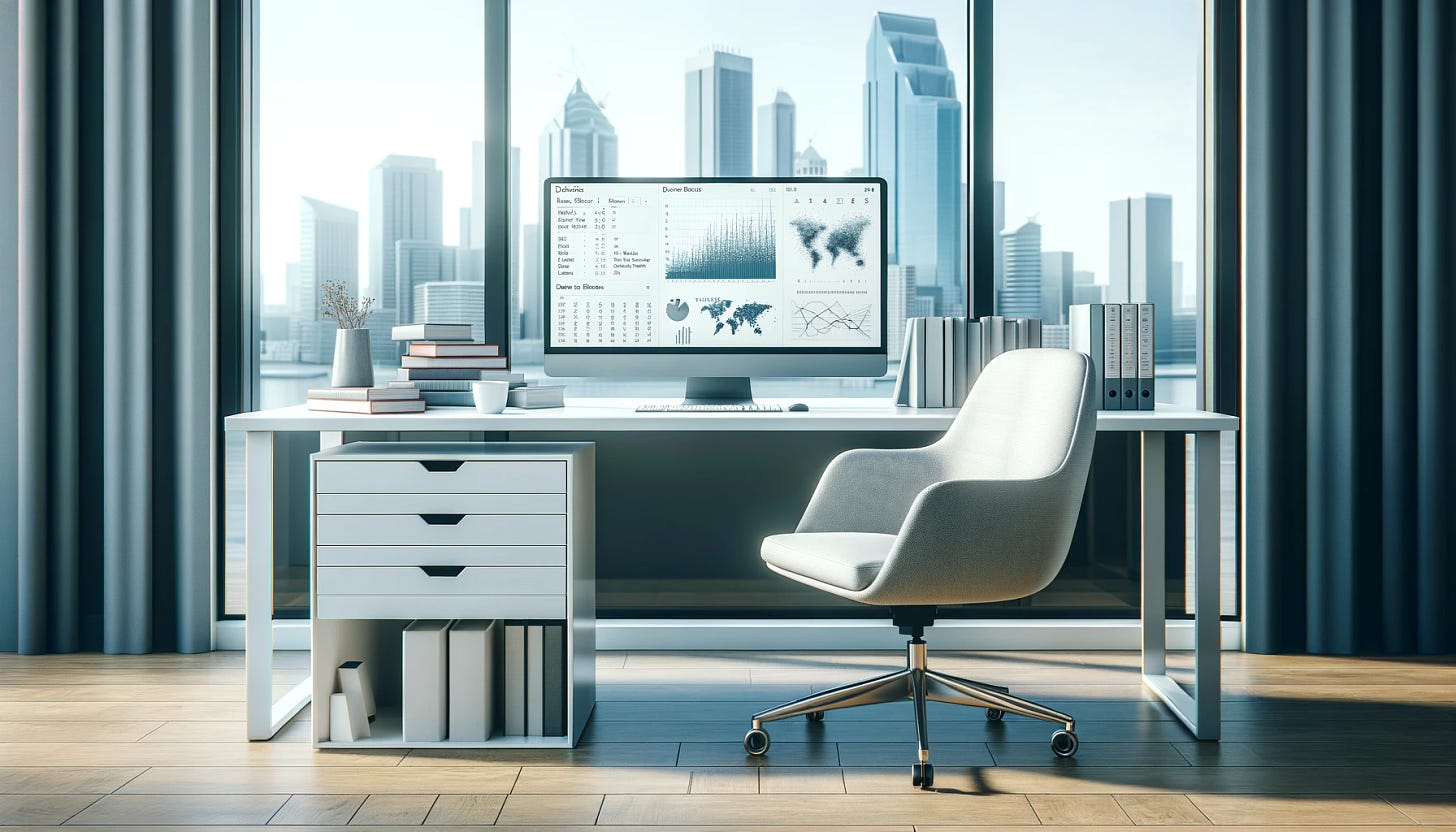 A minimalistic office scene depicting the life of a data scientist. The setting includes a large, clean desk with a modern computer displaying graphs and data analysis software. Beside the computer, a stack of books on data science and machine learning. A large window in the background reveals a city skyline, suggesting an urban working environment. The scene is calm and focused, with a coffee cup on the desk indicating long hours of work. The image should capture the essence of dedication and the intellectual challenge of working in data science, without any characters or text, and be in a wide format suitable for an article header.