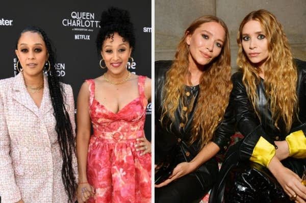 Two pairs of twin women pose together at events. One wears coordinated outfits on a red carpet, and the other wears casual stylish attire