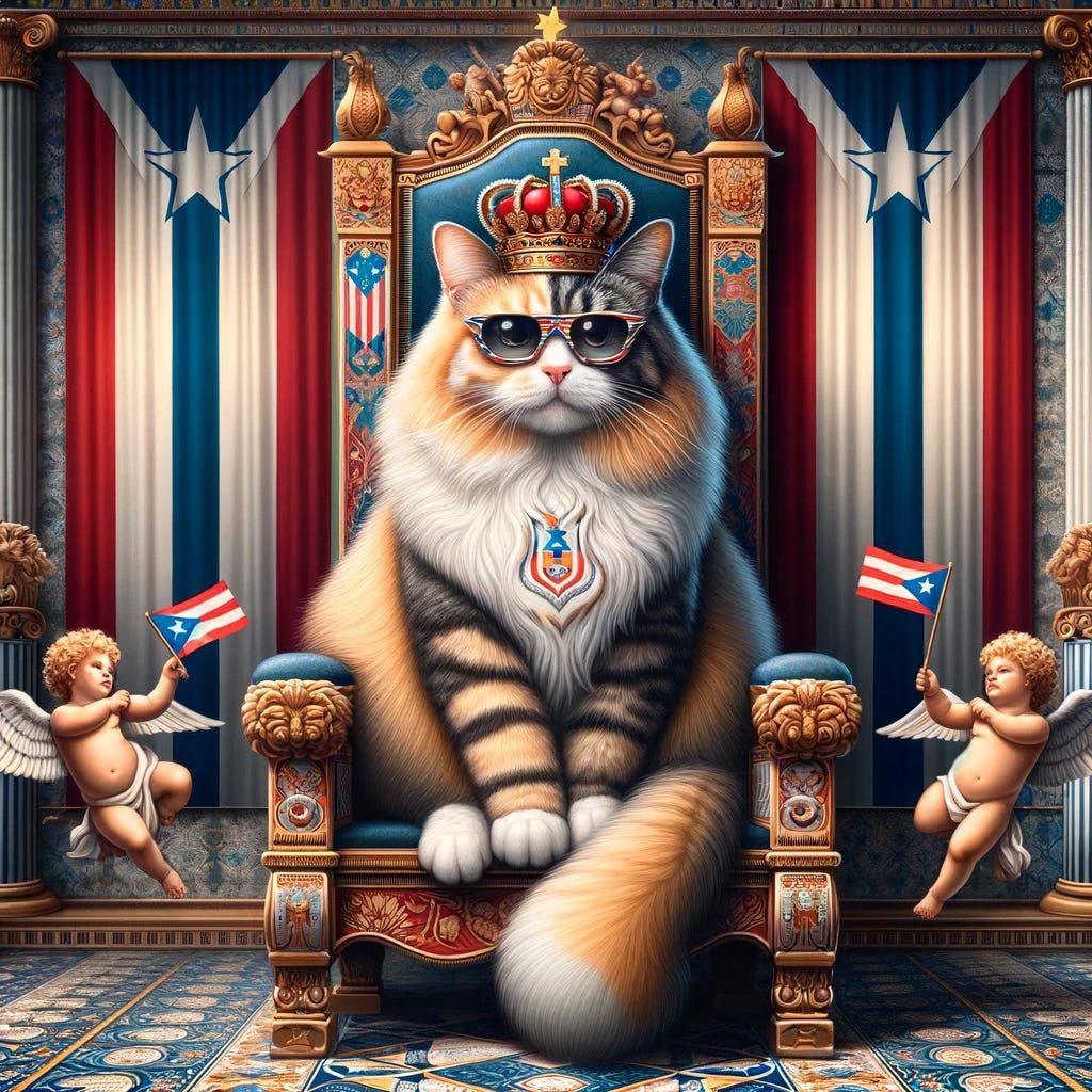 A majestic cat with a luxurious fur pattern resembling the colors of the Puerto Rican flag, wearing a small, intricately designed crown that features a stylized version of the Puerto Rican flag. The cat sits nobly on a grand throne embellished with traditional Puerto Rican patterns, and behind it, the walls are adorned with the star and stripes of the flag. Cherubs hover around the cat, each playfully waving small Puerto Rican flags, while the flooring features the distinctive blue cobblestones found in Old San Juan. This image captures a regal and whimsical representation that pays homage to Puerto Rican culture and heritage.