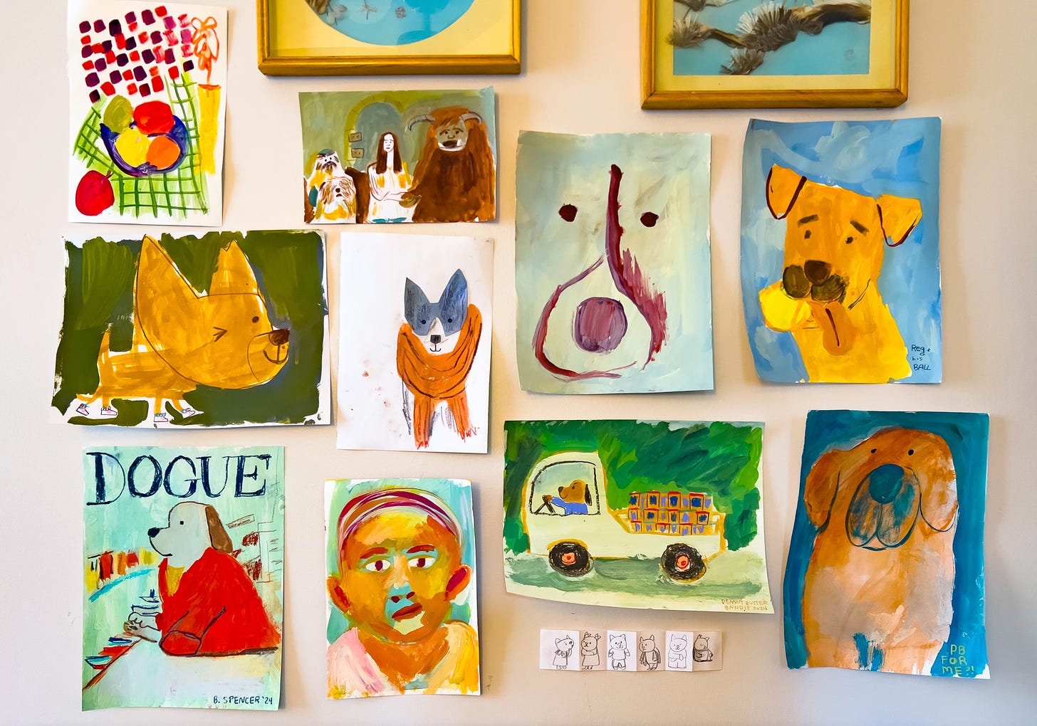 wall of pet illustrations by Beth Spencer