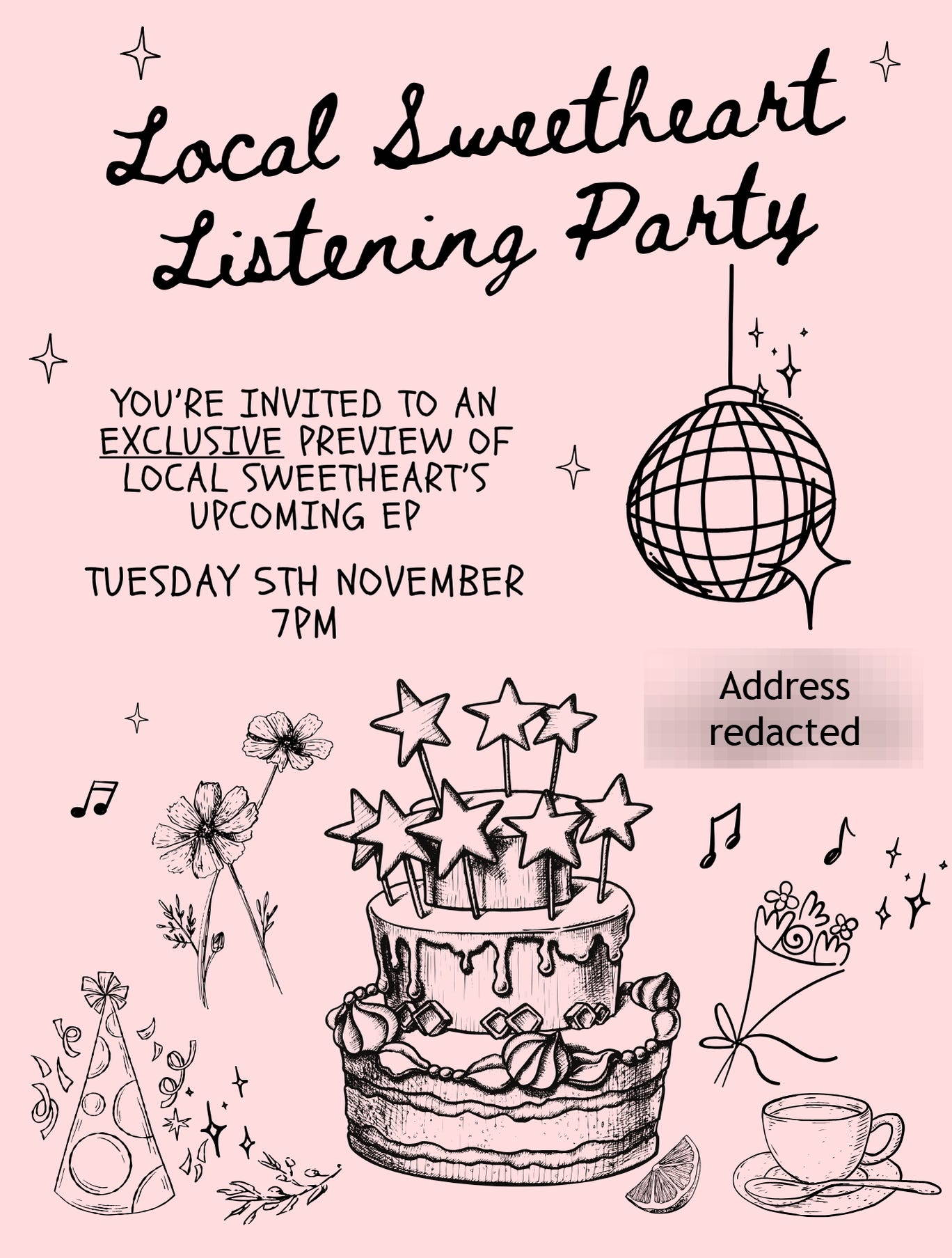 Light pink digital flyer with drawn icons of a disco ball, flowers, music notes, and tea. The text reads: Local Sweetheart Listening Party. You're invited to an exclusive preview of Local Sweetheart's upcoming EP.