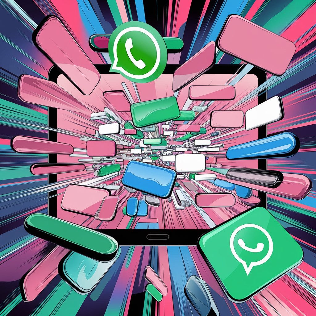 Digital illustration depicting a smartphone with colorful chat bubbles and WhatsApp icons bursting out of the screen. The background features dynamic, streaking lines in shades of pink, blue, and green, creating a sense of motion and communication overload.