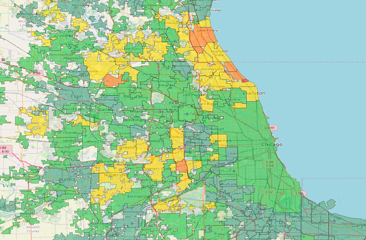 A map of jurisdictions in Greater Chicago showing that many cities are not affordable.