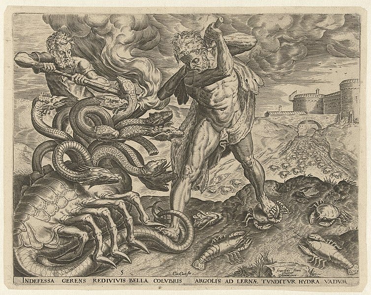Hercules attacking the hydra while Iolaus burns the heads