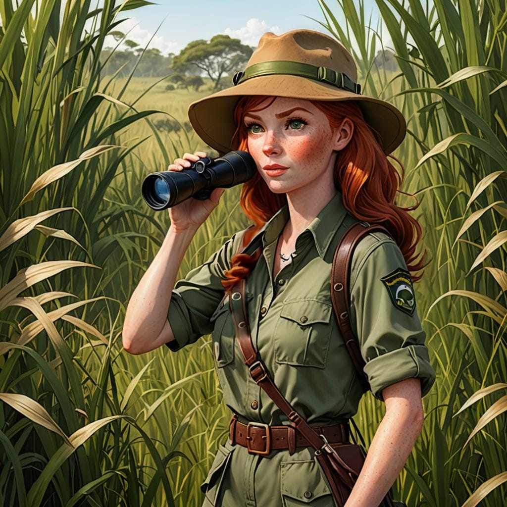 Red head female in a cartoon style, standing in tall grass with a monocular and safari outfit.