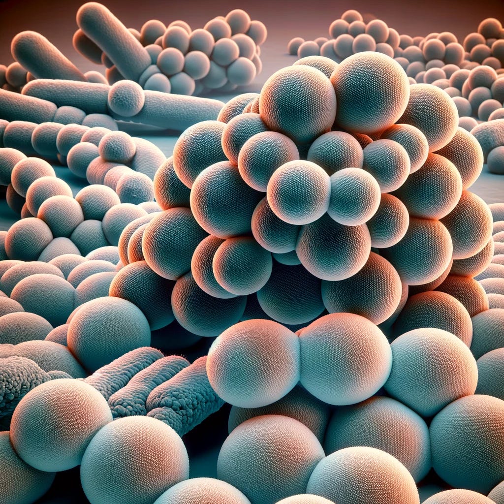 A highly detailed microscopic image of Streptococcus bacteria, showcasing their spherical shape and chain-like arrangement. Beside them, depict Enterococcus bacteria, also spherical but in pairs or short chains, with a slightly different coloration to distinguish them. The background should resemble a microscopic view, with a high level of detail to show the texture and structure of these bacteria.