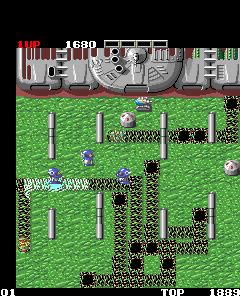 A screenshot from Performan, that shows a single-screen level full of enemies, static bombs waiting to be exploded, the ship that dropped off the foes, and Performan himself, obscured and hidden a little bit by the tunnels he's hiding inside of.