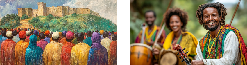 The image combines two lively scenes: on the left, a colorful painting of people gathered before a large castle, capturing a sense of community and cultural celebration. On the right, a group of musicians joyfully playing traditional instruments, their vibrant clothing and expressive smiles highlighting the spirit of music and togetherness. Both scenes reflect cultural pride and the joy of shared experiences.