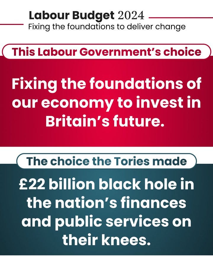 Text: 
This Labour Government’s choice: Fixing the foundations of our economy to invest in Britain’s future. 



The choice the Tories made: £22 billion black hole in the nation’s finances and public services on their knees. 