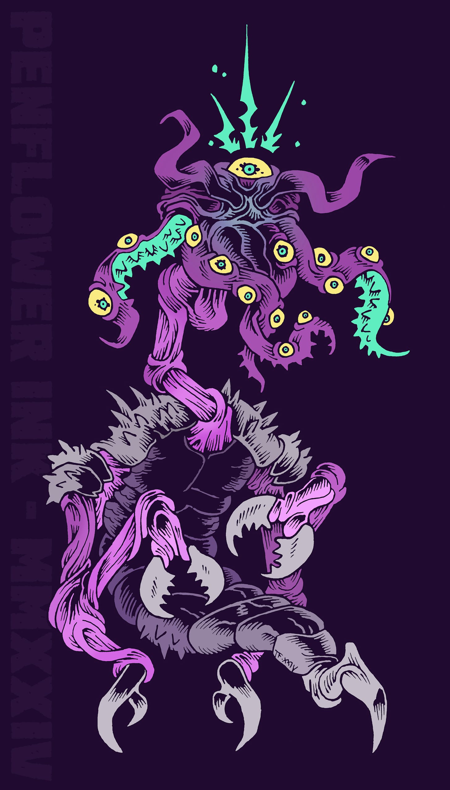 Traditionally hand drawn and digitally coloured illustration of an eldritch creature. Its purple and pink body is segmented and armoured like that of a crustacean, with three articulated legs / arms ending in large pointy claws. Atop a long, zig-zagging neck is a large head, a knot of spiky tentacles, each one covered in large yellow eyes. It has one much larger eye at the center of its forehead, from which a bright blue emanates.