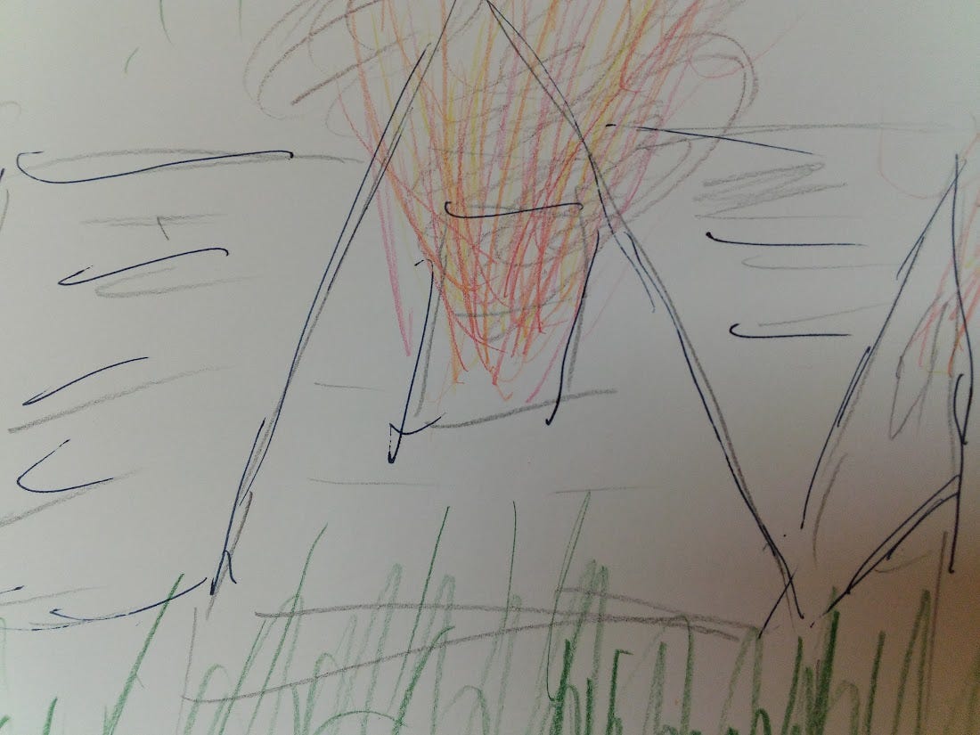 A childish drawing of a house on fire. Most 7 year olds car draw better than this. 