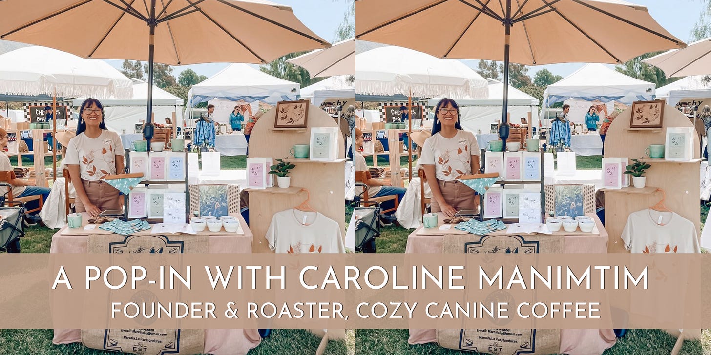 The same photo side by side: A young woman stands beside a table covered by a coffee burlap sack. Coffee bags and merchandise are presented on the table at a farmer's market. A large beige umbrella provides shade.