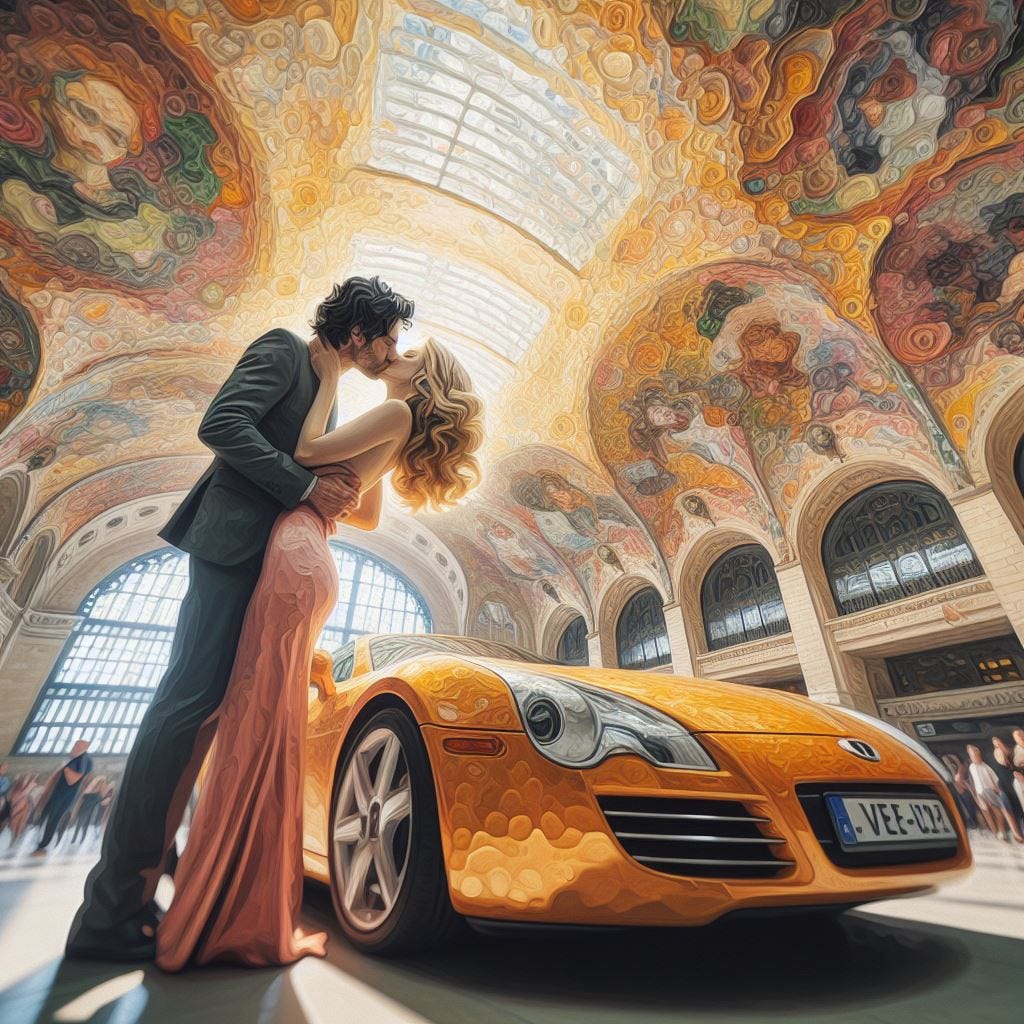 chunky oil painting with chunky paint scraper paint. Hyper realistic; tilt shift; Lensbaby Effect: middle aged dark haired man and blonde woman kissing.standing next to  ivory sportscar.coral Quatrefoil:cream Gothic Tracery:Louver yellow/chartreuse decorative ceiling tiles.Hundertwasserhaus, Vienna, Austria: .• Grand Central Terminal, New York City, USA. Crystal sky. sunny sky, fluffy clouds. Vast distance. sunshower. radiant