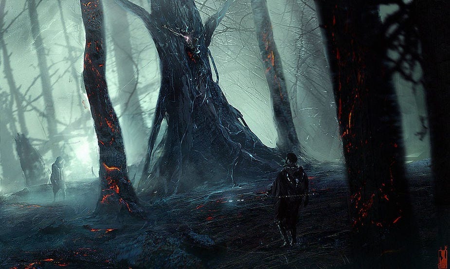 Dark forest with two figures, one near a large, glowing tree. Red embers on trees, misty background, creating an eerie, mysterious mood.