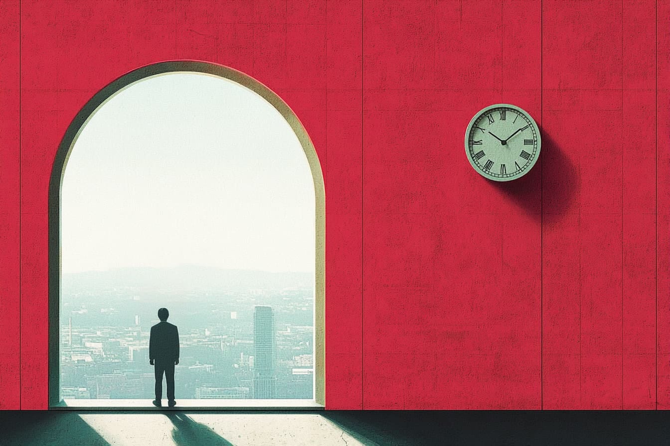 a man stands underneath an archway looking out at a vast city. there is a clock on the wall 