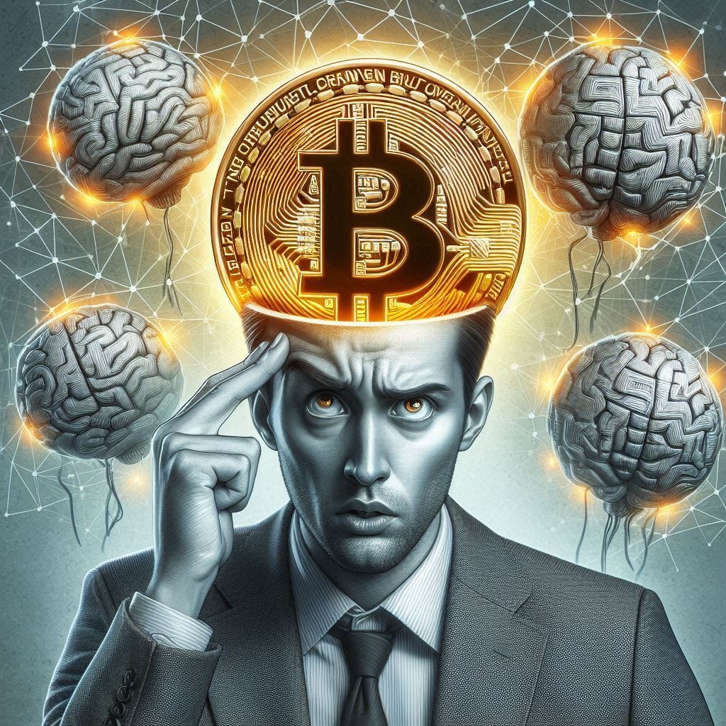Bitcoin en la cabeza, ambiante taciturno y gris, nervioso porque no puede quitárselo de la cabeza. Imaginativo