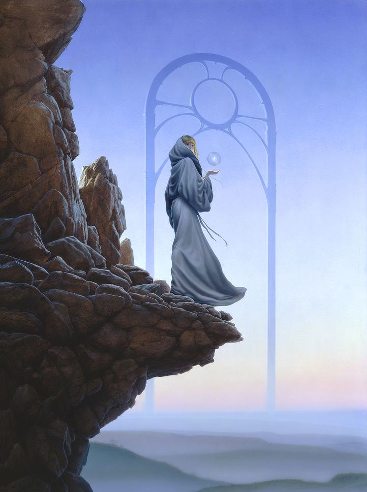 A mysterious woman, hooded in windswept robes, stops at the edge of a rocky outcrop. With palm up, she holds out her hand, and above it floats a transparent sphere containing a solitary flame. At the edge of the cliff, she stands framed by a tall arch in the distance. A circle—an echo set above the vessel she holds—sits high in the arch. Anchored by elegantly curving supports, it suggests something mystical as if it may not exist physically in this world but rather serve as a portal to the next. Behind, blue skies fade to a peach streak across the horizon and the misty hills rolling below. She seems poised to step out into open air but she turns her head back, partially revealing her face. Her thoughts linger on where the next step will lead. Will it be over the edge and down? Or does this passage lead to someplace else? 