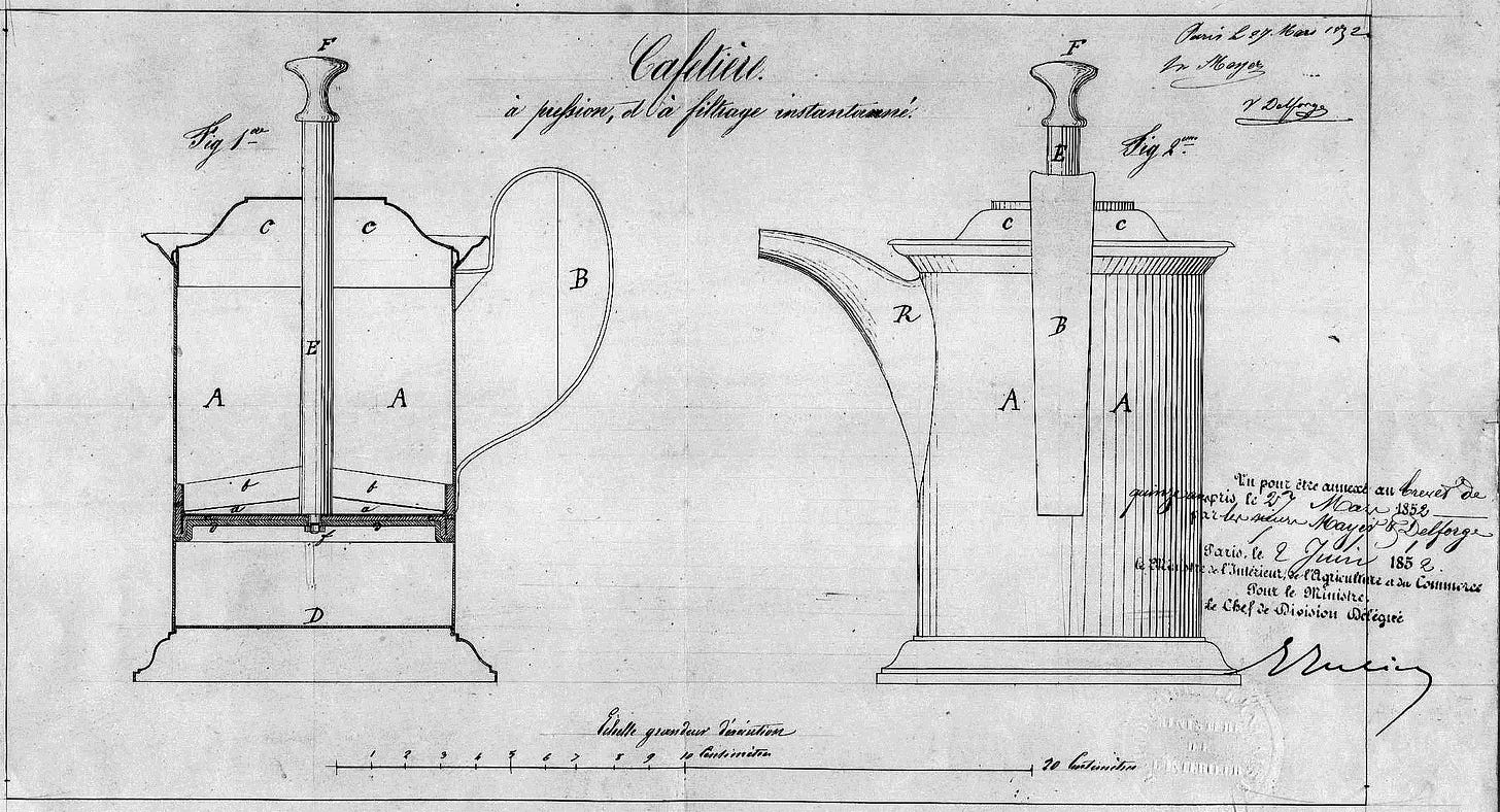 A drawn patent blueprint of a coffee press.