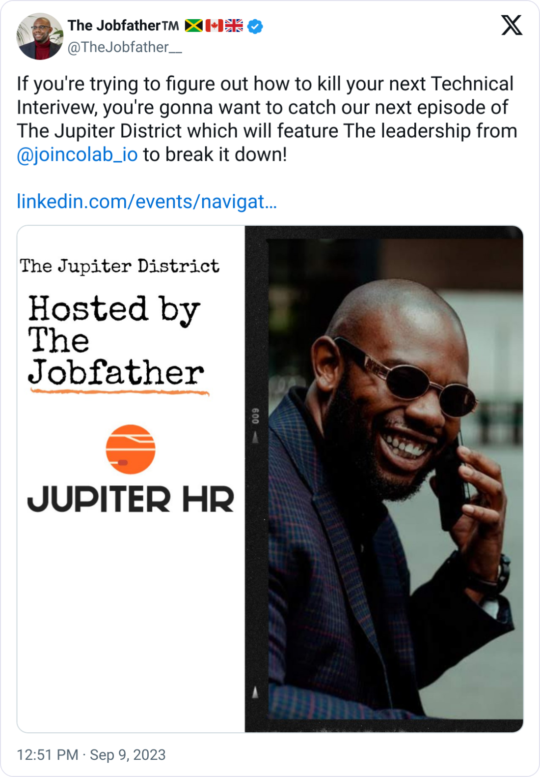 The Jobfather™️ 🇯🇲🇨🇦🇬🇧 @TheJobfather__ If you're trying to figure out how to kill your next Technical Interivew, you're gonna want to catch our next episode of The Jupiter District which will feature The leadership from  @joincolab_io  to break it down!