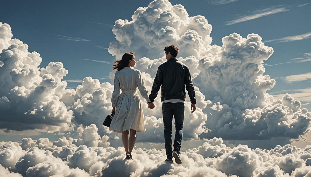 Young lovers holding hands, on a cloud