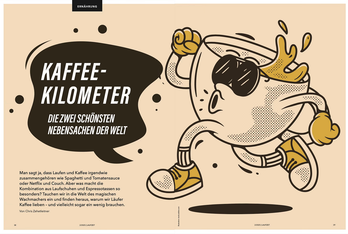 Double page of the "Kaffee-Kilometer" article showing a comic of a running coffee mug