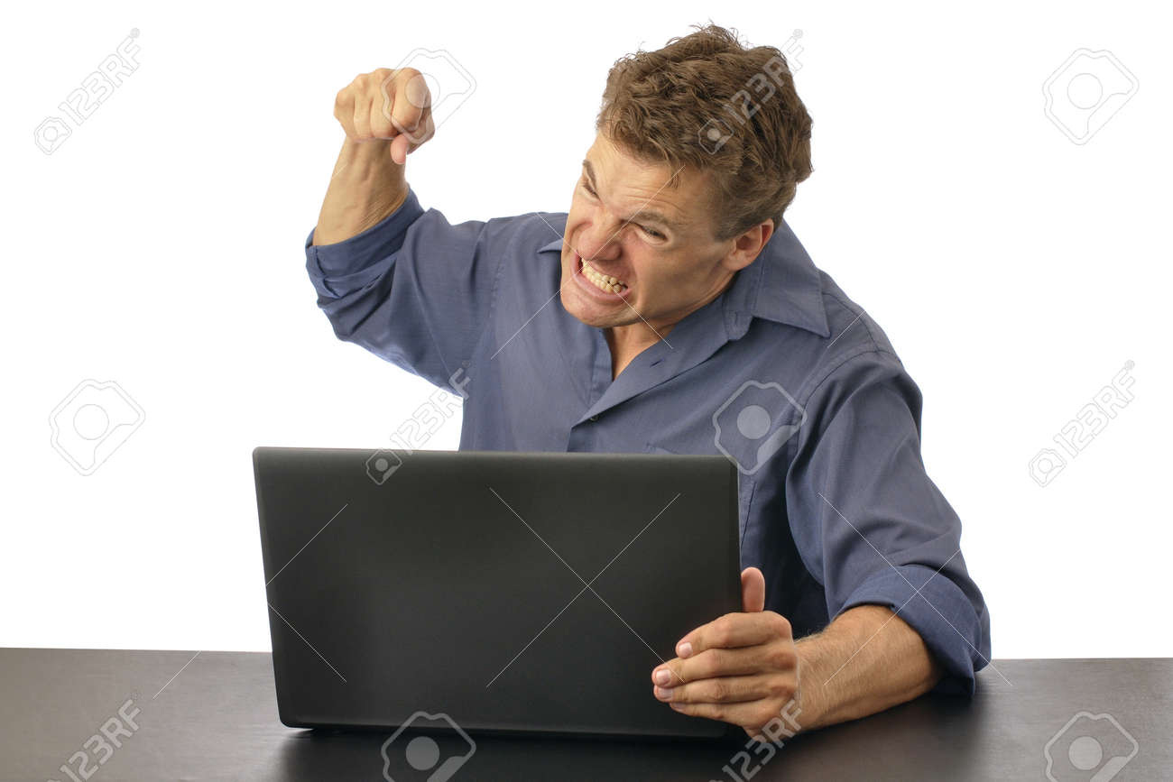 Angry Man Punching Computer Isolated On White Background Stock Photo,  Picture and Royalty Free Image. Image 10471560.
