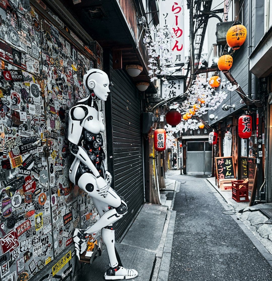 a robot standing next to a wall covered in stickers a robot standing next to a wall covered in stickers