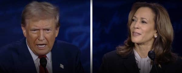 Donald Trump and Kamala Harris at an event, speaking into microphones. Both wearing formal attire