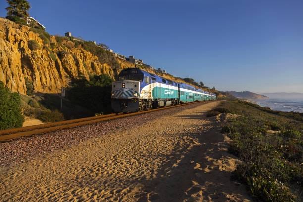 The Coaster Train that runs from Oceanside, CA to the Santa Fe Depot in San Diego. Pictured here near Del Mar, along the Pacific Ocean.