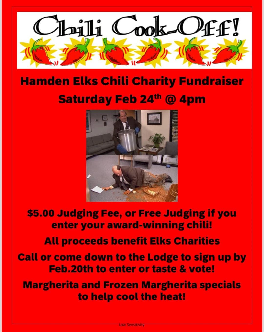 May be an image of 2 people and text that says 'Chili Cook-正正! Hamden Elks Chili Charity Fundraiser Saturday Feb 24th @ 4pm $5.00 Judging Fee, or Free Judging if you enter your award-winning chili! All proceeds benefit Elks Charities Call or come down to the Lodge to sign up by Feb.20th to enter or taste & vote! Margherita and Frozen Margherita specials to help cool the heat! towSensitivity'